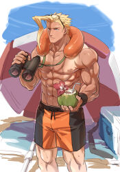Rule 34 | 1boy, abs, alternate costume, bara, black male swimwear, blonde hair, charlie nash, closed mouth, coconut cup, commentary request, eyewear on head, feet out of frame, glasses, highres, large pectorals, lifeguard, male focus, male swimwear, muscular, muscular male, nipples, orange male swimwear, pectorals, short hair, solo, standing, stomach, street fighter, swim trunks, topless male, wet, yuiofire