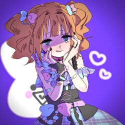 Rule 34 | 1girl, bandaid, bandaid on arm, bare shoulders, blue eyes, blush, bow, dress, geboku (gbktst), gloves, hair bow, hands on own cheeks, hands on own face, heart, heart-shaped pupils, highres, idolmaster, idolmaster (classic), medium hair, multicolored clothes, multicolored dress, orange hair, parted lips, purple background, single glove, sketch, sleeveless, sleeveless dress, solo, symbol-shaped pupils, takatsuki yayoi, twintails, upper body, wavy mouth