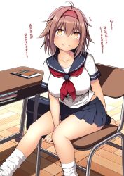 Rule 34 | 1girl, absurdres, bag, black sailor collar, black skirt, blush, book, breasts, brown hair, chair, closed mouth, collarbone, desk, feet out of frame, floor, hair between eyes, hairband, highres, kantai collection, kuromayu, large breasts, looking at viewer, neckerchief, pleated skirt, red hairband, red neckerchief, sailor collar, school bag, school chair, school desk, school uniform, serafuku, shiratsuyu (kancolle), short hair, short sleeves, sitting, skirt, smile, socks, solo, translation request, white socks, yellow eyes