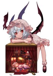 Rule 34 | 1girl, absurdres, bare legs, bat wings, bent over, black footwear, blue hair, bobby socks, card, character doll, curtains, doll house, flandre scarlet, full body, hat, highres, izayoi sakuya, long hair, looking at viewer, mob cap, nail polish, patchouli knowledge, playing card, red carpet, red eyes, red nails, remilia scarlet, shan, shoes, simple background, sitting, socks, solo, touhou, white background, white socks, wings
