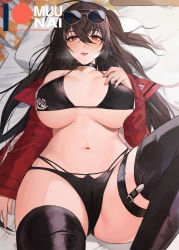 Rule 34 | 1girl, azur lane, bare shoulders, bikini, black bikini, black choker, black hair, black thighhighs, blush, breasts, choker, eyewear on head, hair between eyes, heavy breathing, jacket, large breasts, long hair, looking at viewer, lying, muunai, navel, official alternate costume, on back, on bed, open mouth, race queen, red eyes, red jacket, solo, swimsuit, taihou (azur lane), taihou (enraptured companion) (azur lane), thighhighs