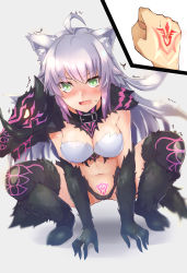 Rule 34 | 1girl, absurdres, ahoge, animal ears, armor, atalanta (fate), atalanta alter (fate), belt collar, black armor, black collar, black footwear, black gloves, black panties, blurry, blush, boots, breasts, buckle, cat ears, cat tail, collar, command spell, commentary request, depth of field, elbow gloves, embarrassed, eyes visible through hair, fang, fate/grand order, fate (series), full body, gloves, gradient hair, green eyes, grey background, hair between eyes, highres, long hair, looking at viewer, medium breasts, mind control, multicolored hair, navel, nose blush, open mouth, panties, pink hair, print footwear, pubic tattoo, samoore, shadow, sidelocks, silver hair, slit pupils, solo focus, squatting, sweatdrop, tail, tattoo, tears, thigh boots, thighhighs, trembling, tsurime, underwear, v-shaped eyebrows, v-shaped eyes, white background