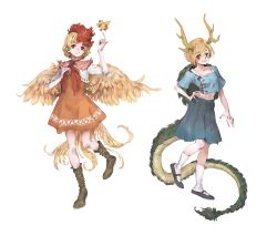 Rule 34 | 2girls, absurdres, antlers, bird, bird tail, bird wings, black footwear, blonde hair, blue dress, blue skirt, boots, brown footwear, chick, commentary request, dragon girl, dragon horns, dragon tail, dress, feathered wings, grin, hand on own hip, highres, horns, kicchou yachie, long skirt, mary janes, midriff, momijigari, multicolored hair, multiple girls, navel, neckerchief, niwatari kutaka, orange dress, red eyes, red hair, red neckerchief, shirt, shoes, short sleeves, simple background, skirt, smile, socks, tail, touhou, turtle shell, two-tone hair, white background, white shirt, white socks, wily beast and weakest creature, wings, yellow horns, yellow wings