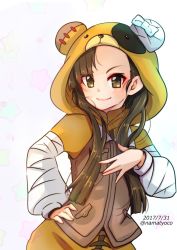 Rule 34 | 10s, 1girl, animal costume, asymmetrical bangs, bandages, bear costume, boko (girls und panzer), boko (girls und panzer) (cosplay), brown eyes, brown hair, brown jacket, chi-hatan military uniform, closed mouth, commentary request, cosplay, dated, girls und panzer, hand on own hip, hand on own chest, highres, jacket, long hair, looking at viewer, namatyoco, nishi kinuyo, sleeveless, sleeveless jacket, smile, solo, standing, star (symbol), starry background, twitter username, upper body