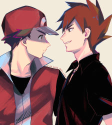 Rule 34 | 2boys, baseball cap, black shirt, blue oak, blush, brown hair, collared shirt, commentary, creatures (company), dated, delta nonbiri, eye contact, game freak, grin, hat, jacket, jewelry, looking at another, male focus, multiple boys, necklace, nintendo, pokemon, pokemon frlg, popped collar, red (pokemon), red headwear, red jacket, shirt, short hair, sleeveless, sleeveless jacket, smile, spiked hair, teeth, upper body