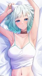 Rule 34 | 1girl, absurdres, armpits, arms up, black choker, blue eyes, breasts, camisole, choker, gradient hair, green hair, hair ornament, highres, indie virtual youtuber, looking at viewer, lying, medium breasts, mint fantome, multicolored hair, navel, on back, solo, takoroki, triangular headpiece, upper body, virtual youtuber, white camisole, x hair ornament
