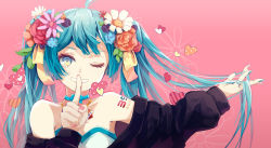 Rule 34 | 1girl, ai kotoba iii (vocaloid), bare shoulders, black jacket, blue bow, blue choker, blue eyes, blue flower, blue hair, blue nails, blush, bow, brown flower, brown rose, choker, commentary request, finger to mouth, fingernails, flower, hair bow, hair flower, hair ornament, hatsune miku, heart, hiro chikyuujin, jacket, long hair, long sleeves, multicolored nails, nail polish, off shoulder, one eye closed, pink background, pink flower, puffy long sleeves, puffy sleeves, red flower, red nails, red rose, rose, shushing, solo, twintails, upper body, vocaloid, white flower, yellow bow