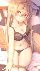 Rule 34 | 10s, 1girl, animal ears, arm support, bed, bed sheet, bikini, black bikini, black bra, blonde hair, blurry, blush, bra, unworn clothes, depth of field, ezo red fox (kemono friends), fox ears, fox tail, from above, gluteal fold, hair between eyes, highres, if (asita), kemono friends, lips, long hair, looking at viewer, midriff, multicolored hair, open mouth, sitting, solo, stomach, swimsuit, tail, tatapopo, thighs, underwear, underwear only