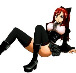 Rule 34 | 00s, 1girl, black bow, black ribbon, black thighhighs, boots, bow, breasts, brown eyes, dress, erza scarlet, fairy tail, goth fashion, hair bow, hair ornament, hair ribbon, hair tie, high heel boots, high heels, large breasts, long hair, long sleeves, lying, mashima hiro, on ground, parted lips, pleated skirt, red hair, ribbon, skirt, solo, spread legs, sweat, sweatdrop, teeth, thighhighs, transparent, transparent background, white background