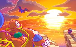 Rule 34 | 1boy, backwards hat, baseball cap, beanie, bow, bowtie, cliff, cloud, commentary request, closed eyes, flying, hat, headphones, helmet, kirby, kirby (series), kirby super star, meta knight, nintendo, no humans, notepad, ocean, official art, sitting, sparkle, star (sky), sunset, translated, waddle dee, wheelie (kirby), wings