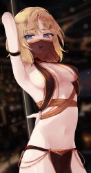 Rule 34 | 1girl, absurdres, arm up, belly dancing, blonde hair, blue eyes, blurry, blurry background, breasts, hair ornament, harem outfit, highres, hololive, hololive english, looking at viewer, medium breasts, mouth veil, navel, open mouth, pelvic curtain, pole, short hair, solo, uve, veil, virtual youtuber, watermark, watson amelia, web address