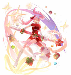 Rule 34 | 1girl, alternate costume, boots, box, candy, candy cane, christmas ornaments, female focus, fire emblem, fire emblem: three houses, fire emblem heroes, food, fur trim, gift, gloves, hat, high heel boots, high heels, hilda valentine goneril, knee boots, long hair, looking at viewer, matching hair/eyes, nintendo, one eye closed, open mouth, pink eyes, pink hair, pink thighhighs, rabbit, ribbon, sagajima (torikng), santa costume, santa hat, simple background, smile, solo, sparkle, striped clothes, striped thighhighs, thighhighs, thighs, twintails, white background, white footwear, white gloves, wink, zettai ryouiki
