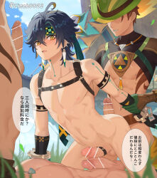 4boys arm_tattoo bar_censor black_gloves black_hair black_shirt blush brown_hair censored crop_top earrings finch_(blanc1771) genshin_impact gloves green_gloves green_hair green_headband group_sex hair_between_eyes headband highres jewelry kinich_(genshin_impact) looking_at_viewer male_focus midriff mmm_threesome multicolored_hair multiple_boys muscular muscular_male navel neck_tattoo nipples nude open_mouth penis sex sex_from_behind shirt short_hair spiked_ear_piercing stomach tattoo testicles threesome translation_request yaoi yellow_eyes