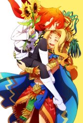 Rule 34 | 2girls, belt, black pantyhose, blonde hair, blouse, blush, boots, breasts, cape, carrying, choker, closed eyes, crown, fate/grand order, fate (series), flower, fujimaru ritsuka (female), hair ornament, hair tubes, headband, jewelry, lifting person, multiple girls, nail polish, necklace, open mouth, orange hair, pantyhose, quetzalcoatl (fate), scarf, shirt, short hair, skirt, smile, white background, white shirt, yellow background