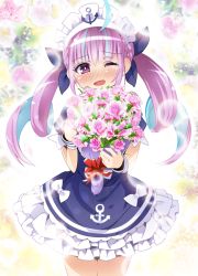 Rule 34 | 1girl, ahoge, blush, bouquet, colored inner hair, commentary request, drill hair, flower, flower wreath, frilled skirt, frills, hair ribbon, holding, hololive, lens flare, looking at viewer, maid headdress, minato aqua, minato aqua (1st costume), multicolored hair, one eye closed, open mouth, purple eyes, purple hair, ribbon, semahiro, skirt, solo, tears, twin drills, twintails, virtual youtuber