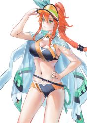 Rule 34 | 1girl, adjusting clothes, adjusting headwear, aqua nails, aqua ribbon, arm up, bikini, breasts, cleavage, closed mouth, coat, coat on shoulders, female focus, green eyes, hair ribbon, hand on own hip, happy, hat, highres, large breasts, level9kaito, long hair, long sleeves, looking up, multicolored bikini, multicolored clothes, nail polish, naska (world flipper), navel, official alternate costume, open clothes, open coat, orange hair, orange hat, ponytail, raincoat, ribbon, see-through, side slit, sidelocks, skindentation, smile, solo, standing, stomach, swimsuit, swimsuit cover-up, visor cap, whip, world flipper