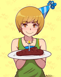 Rule 34 | 1girl, akairiot, artist name, bare shoulders, blue ribbon, blush, bob cut, brown eyes, brown hair, candle, fire, food, green shirt, hat, head tilt, heart, holding, jewelry, looking at viewer, meat, necklace, party hat, persona, persona 4, plate, ribbon, satonaka chie, sauce, shirt, simple background, sleeveless, sleeveless shirt, smile, solo, steak, tank top, tareme, upper body, yellow background