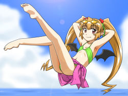 Rule 34 | 1girl, armpits, arms behind head, barefoot, bat wings, bikini, blue sky, brown eyes, closed mouth, cloud, collarbone, commentary request, day, eyewear on head, fang, flat chest, flying, full body, goriate, green bikini, green ribbon, hair ribbon, legs up, light brown hair, long hair, looking at viewer, navel, ocean, outdoors, pachira, pointy ears, renkin san-kyuu magical pokaan, ribbon, sarong, sidelocks, sky, smile, soles, solo, sunglasses, swimsuit, twintails, very long hair, wings