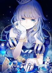 Rule 34 | 1girl, absurdres, blue eyes, blue hair, blue theme, chair, closed mouth, crown, cup, doll, drinking glass, earrings, gloves, hand on own face, highres, hitoba, jewelry, looking at viewer, original, ring, smile, star (symbol), toy house, white gloves, witch