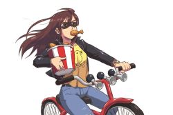 Rule 34 | bicycle, bird, brown hair, chicken, chicken wing, denim, food, glasses, horns, jacket, jeans, john su, leather, leather jacket, long hair, pants, simple background, single horn, sunglasses, watch, white background, wristwatch