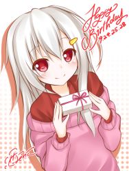 Rule 34 | 1girl, blush, dated, gift, gradient background, grey hair, hair ornament, hairclip, happy birthday, lethe-shion, long hair, looking at viewer, polka dot, polka dot background, red eyes, smile, solo
