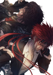 Rule 34 | 2boys, ardyn izunia, back-to-back, black jacket, brown hair, collarbone, crossover, facial mark, final fantasy, final fantasy vii, final fantasy vii remake, final fantasy xv, fingerless gloves, floral print, frilled shirt collar, frills, gloves, goggles, goggles on head, grey eyes, hat, unworn hat, unworn headwear, highres, holding, holding clothes, holding hat, jacket, long hair, low ponytail, medium hair, moriiiiiiiiiinn, multiple boys, open clothes, open shirt, parted bangs, red hair, reno (ff7), rose print, shirt, spiked hair, square enix, turks (ff7), upper body, wavy hair, white background, white shirt