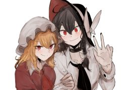 Rule 34 | 2girls, bow, braid, hand on another&#039;s arm, hat, looking at viewer, maribel hearn, mob cap, multiple girls, necro (nekurodayo), red eyes, simple background, smile, touhou, usami renko, w, white background