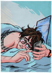 Rule 34 | 1boy, blanket, brown hair, cellphone, computer, facial hair, frown, glasses, holding, holding phone, indoors, kaneoya sachiko, laptop, lying, male focus, messy hair, mustache, on bed, on stomach, original, phone, pillow, scar, scar on arm, shirt, smartphone, solo, stitches, strap slip, striped clothes, striped shirt, stubble, tank top, watch, wristwatch, yoiko yokochou