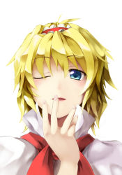 Rule 34 | 1girl, ahoge, alice margatroid, blonde hair, blue eyes, capelet, chaigidhiell, close-up, female focus, hairband, highres, lips, one eye closed, short hair, solo, touhou, upper body, white background, wink