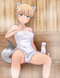 Rule 34 | 1girl, absurdres, animal, animal ears, blonde hair, blue eyes, blush, brave witches, breasts, closed mouth, collarbone, finger to mouth, gluteal fold, highres, large breasts, looking at viewer, medium breasts, naked towel, nikka edvardine katajainen, sauna, short hair, sitting, smile, spread legs, tail, towel, weasel, weasel ears, weasel tail, world witches series