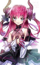 Rule 34 | 1girl, absurdres, bare shoulders, black dress, blue eyes, blush, dated, detached sleeves, dragon tail, dress, elizabeth bathory (fate), elizabeth bathory (fate/extra ccc), elizabeth bathory (first ascension) (fate), fate/extra, fate/extra ccc, fate/grand order, fate (series), finger cots, hair ribbon, highres, horns, ichirugi, long hair, looking at viewer, nail polish, open mouth, pink hair, pink nails, pointy ears, ribbon, simple background, skirt, smile, solo, tail, white background, white skirt
