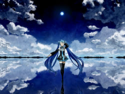 Rule 34 | 1girl, aqua hair, blue hair, bob (biyonbiyon), closed eyes, cloud, detached sleeves, faux traditional media, full moon, hand on own ear, hand on own ear, hatsune miku, highres, long hair, moon, necktie, night, open mouth, outstretched arm, reflection, skirt, sky, solo, standing, thighhighs, twintails, very long hair, vocaloid, walking, walking on liquid, wallpaper, water, zettai ryouiki