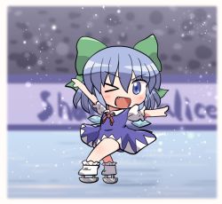 Rule 34 | 1girl, blue dress, blue eyes, blunt bangs, blush, bow, cirno, collared shirt, detached wings, dress, fairy, fang, full body, green bow, hair between eyes, hair bow, ice, ice skates, ice skating, ice wings, one eye closed, open mouth, puffy short sleeves, puffy sleeves, rokugou daisuke, shirt, short hair, short sleeves, signature, skates, skating, smile, solo, touhou, white shirt, wings