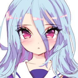 Rule 34 | 1girl, bad id, bad pixiv id, blue hair, blush, blush stickers, closed mouth, commentary, eyelashes, hair between eyes, highres, long hair, looking at viewer, misteor, original, portrait, purple eyes, school uniform, serafuku, solo, white background