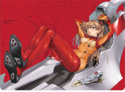 Rule 34 | 1girl, arms up, bad id, bad pixiv id, black footwear, blue eyes, blush, bodysuit, brown hair, cle masahiro, cockpit, covered erect nipples, covered navel, english text, entry plug, female focus, hair ornament, hand in own hair, interface headset, legs, long hair, long legs, looking at viewer, lying, multicolored clothes, neon genesis evangelion, open mouth, orange hair, plugsuit, red background, solo, souryuu asuka langley, test plugsuit