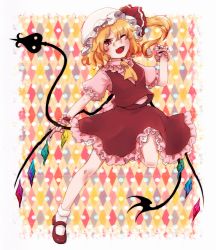 Rule 34 | 1girl, ;d, blonde hair, flandre scarlet, hat, laevatein, long hair, mary janes, one eye closed, open mouth, shoes, side ponytail, skirt, skirt set, smile, solo, touhou, urita (vivivinicol), wings, wink, wrist cuffs