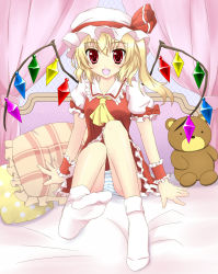 Rule 34 | 1girl, ascot, bed, blonde hair, blush, canopy bed, dress, embodiment of scarlet devil, fang, feet, female focus, flandre scarlet, highres, open mouth, panties, pantyshot, pillow, red dress, red eyes, side ponytail, sitting, smile, socks, solo, striped clothes, striped panties, stuffed animal, stuffed toy, teddy bear, toni (artist), touhou, underwear, upskirt, wings, wrist cuffs