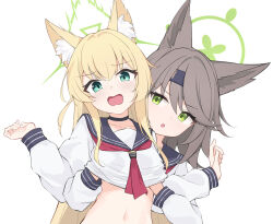Rule 34 | 2girls, animal ear fluff, animal ears, aqua eyes, black choker, blonde hair, blue archive, blue hairband, blue sailor collar, breasts, brown hair, choker, clothes lift, collarbone, commentary, fox ears, fox girl, grabbing, grabbing another&#039;s breast, grabbing from behind, green eyes, green halo, groping, hairband, halo, kurumi (blue archive), lifting another&#039;s clothes, long hair, long sleeves, multiple girls, navel, neckerchief, open mouth, otogi (blue archive), parted lips, red neckerchief, rururiiro, sailor collar, sailor shirt, shirt, shirt lift, simple background, small breasts, symbol-only commentary, upper body, very long hair, white background, white shirt, yuri