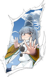 Rule 34 | 1girl, blue sky, blush, cloud, fourth wall, hat, japanese clothes, kariginu, long sleeves, mononobe no futo, outstretched arm, outstretched hand, ponytail, short hair, silver hair, sky, smile, solo, spacezin, tate eboshi, touhou, wide sleeves
