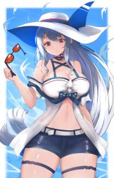 Rule 34 | 1girl, arknights, bare shoulders, blue ribbon, blue shorts, breasts, cleavage, commentary, cowboy shot, hair between eyes, hand up, hat, hat ribbon, holding, holding removed eyewear, large breasts, long hair, looking at viewer, navel, off-shoulder shirt, off shoulder, official alternate costume, parted lips, red eyes, ribbon, shirt, short shorts, short sleeves, shorts, silver hair, skadi (arknights), skadi (waverider) (arknights), solo, standing, stomach, sunglasses, thick thighs, thigh strap, thighs, unworn eyewear, very long hair, white hat, white shirt, yuzuruka (bougainvillea)