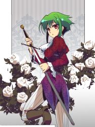 Rule 34 | 1girl, asellus (saga frontier), breasts, commentary request, dress, flower, from side, green hair, hani kuraun, holding, holding sword, holding weapon, pants, red eyes, rose, saga, saga frontier, sheath, short hair, solo, striped clothes, striped pants, sword, unmoving pattern, unsheathing, weapon