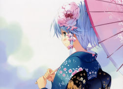 Rule 34 | 1girl, absurdres, blue hair, blush, flower, green eyes, hair flower, hair ornament, highres, japanese clothes, kimono, oil-paper umbrella, parasol, solo, ueda ryou, umbrella