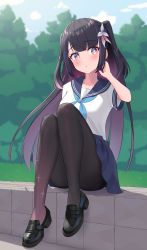 Rule 34 | absurdres, alternate costume, asymmetrical legwear, black hair, black pantyhose, blouse, blue neckerchief, blue skirt, blush, colored inner hair, flower, gradient legwear, hair flower, hair ornament, hand on own cheek, hand on own face, hand up, highres, hina misora, knees up, long hair, looking away, mary janes, mismatched legwear, multicolored hair, neckerchief, pantyhose, park, pink hair, pink pantyhose, pmasterm, red eyes, sailor collar, school uniform, serafuku, shirt, shoes, sideways glance, sitting, skirt, solo, symbol-shaped pupils, two-tone hair, two side up, virtual youtuber, wactor production, white flower, white shirt