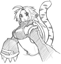 Rule 34 | :&lt;, animal ears, blush, breasts, fang, greyscale, large breasts, long hair, midriff, monochrome, monster girl, original, rumie, sketch, solo, tail