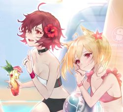 Rule 34 | 2girls, :d, ahoge, animal ears, arknights, ball, bandeau, bare arms, bare shoulders, beachball, bikini, black choker, blonde hair, breasts, choker, cleavage, commentary, cup, exusiai (arknights), flower, hair flower, hair ornament, hand up, hands up, hibiscus, holding, holding cup, index finger raised, ku99 (kugugu), multiple girls, open mouth, pink bikini, red eyes, red flower, red hair, short hair, small breasts, smile, sora (arknights), stomach, strapless, strapless bikini, swimsuit, tube top, twintails, upper body, wolf ears, wristband