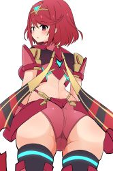 1girl absurdres armor ass asyura_kumo bikini_armor black_gloves blush breasts cameltoe chest_jewel earrings embarrassed fingerless_gloves gloves highres jewelry large_breasts pyra_(xenoblade) red_eyes red_hair red_shorts red_thighhighs short_hair short_shorts shorts solo swept_bangs thigh_gap thighhighs tiara xenoblade_chronicles_(series) xenoblade_chronicles_2