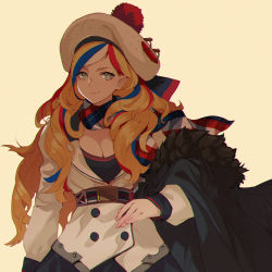 Rule 34 | 10s, 1girl, anchor hair ornament, belt, beret, black socks, blonde hair, blue eyes, blue hair, breasts, buttons, chromatic aberration, cleavage, coat, unworn coat, commandant teste (kancolle), double-breasted, dress, french flag, fur coat, hair ornament, hat, highres, jacket, kantai collection, long hair, looking at viewer, multicolored hair, pom pom (clothes), ponytail, realmbw, red hair, scarf, smile, socks, solo, streaked hair, swept bangs, upper body, wavy hair