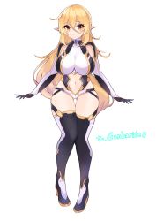Rule 34 | 1girl, bad id, bad pixiv id, blonde hair, blush, boots, breasts, cawang, clothing cutout, commission, elbow gloves, gloves, hair ornament, highres, large breasts, leotard, long hair, looking at viewer, navel, navel cutout, original, pixiv commission, pointy ears, simple background, smile, solo, thigh boots, thighhighs, white background, yellow eyes