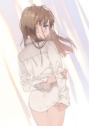 Rule 34 | 1girl, ass, blue eyes, blush, brown hair, closed mouth, curtains, day, dress shirt, from behind, highres, indoors, long hair, looking at viewer, looking back, noco (adamas), original, profile, shirt, sleeves past wrists, solo, thighs, white shirt