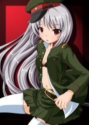 Rule 34 | 1girl, hat, highres, military, military uniform, navel, neats, open clothes, open shirt, original, peaked cap, red eyes, sheath, shirt, silver hair, skirt, solo, sword, thighhighs, uniform, weapon, white thighhighs